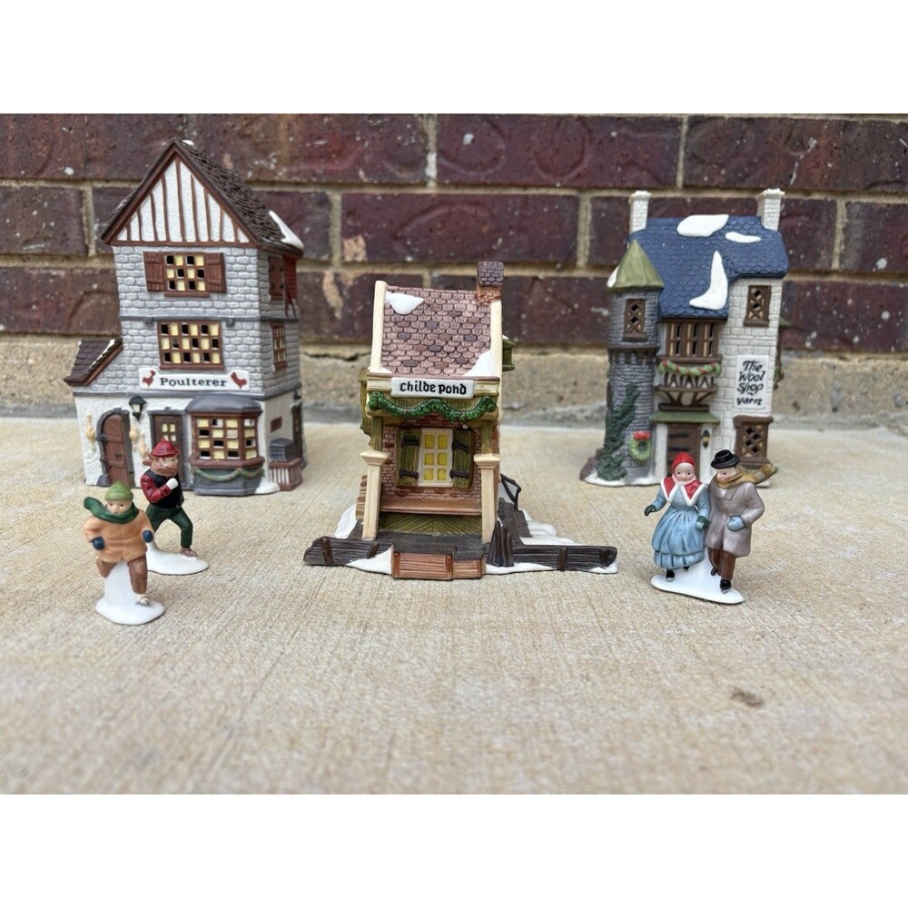 Vintage 1988 Dept 56 Dickens Lot of 3 Poulterer Wool Shop Childe Pond & Skaters